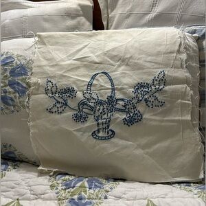 Vintage hand emboidered candlewicked
unsewn pillow case with 
flower basket